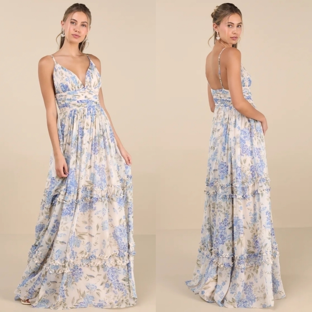 Lulus Niora Beige and Blue Floral Pleated Maxi Dress Wedding Party Prom Formal